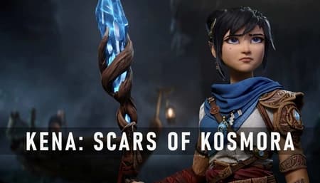 Kena Scars of Kosmora key art with spirit staff on Kosmora island.